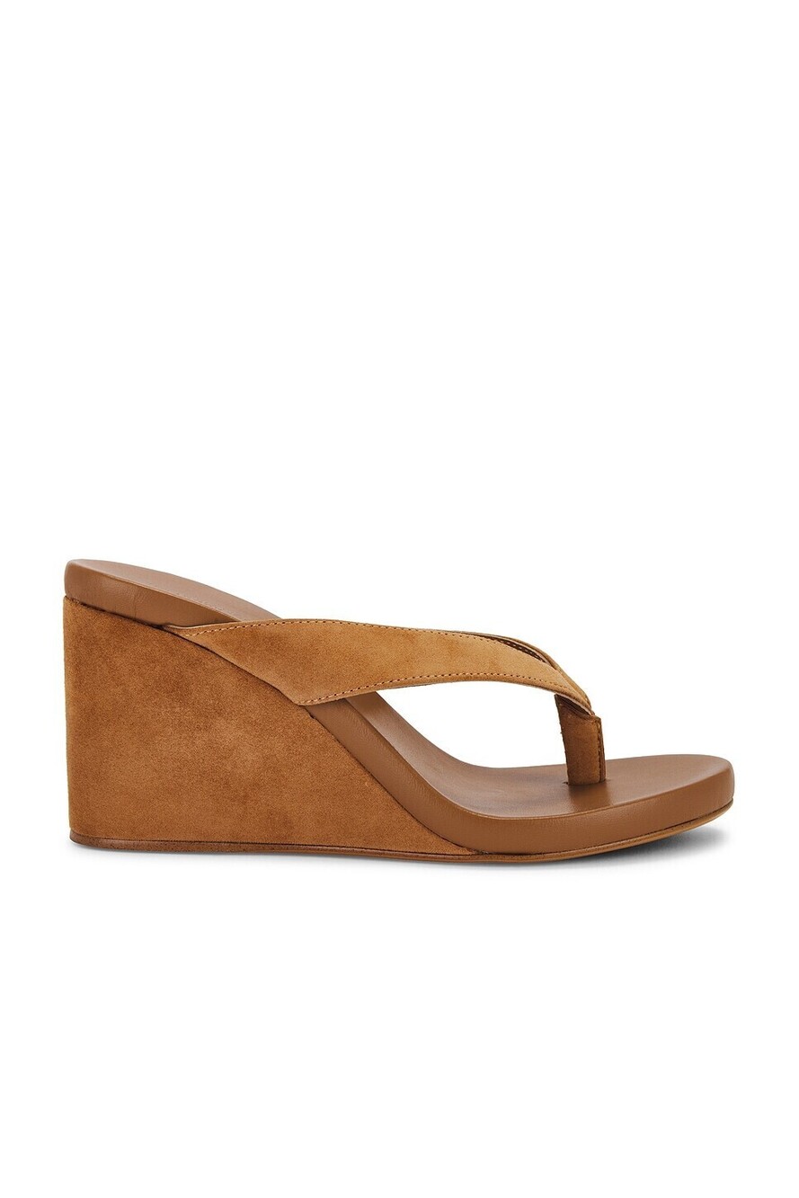 Tony Bianco Avanti Sandal in Butterscotch suede mid wedge heel round toe slip-on